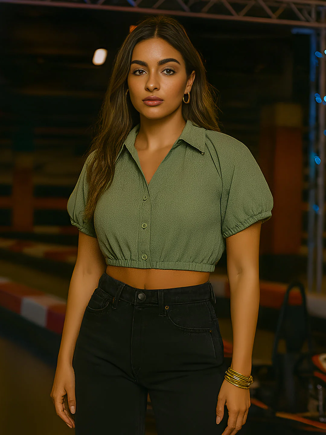 Green Solid Short Sleeves Top