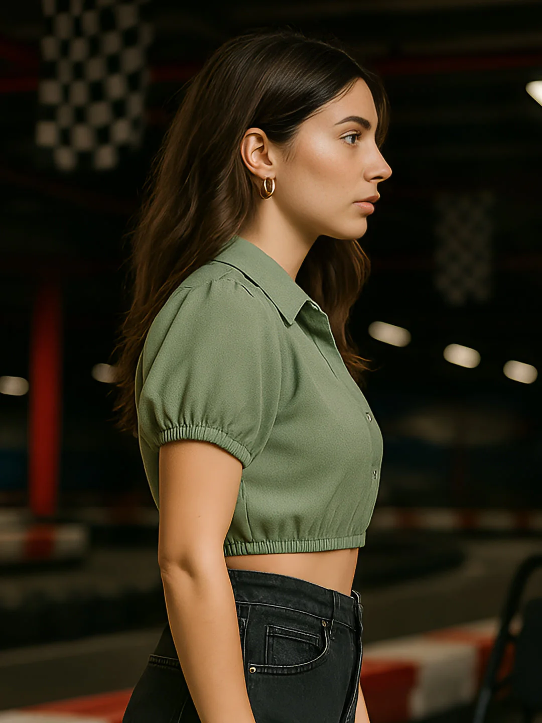 Green Solid Short Sleeves Top - Image 2