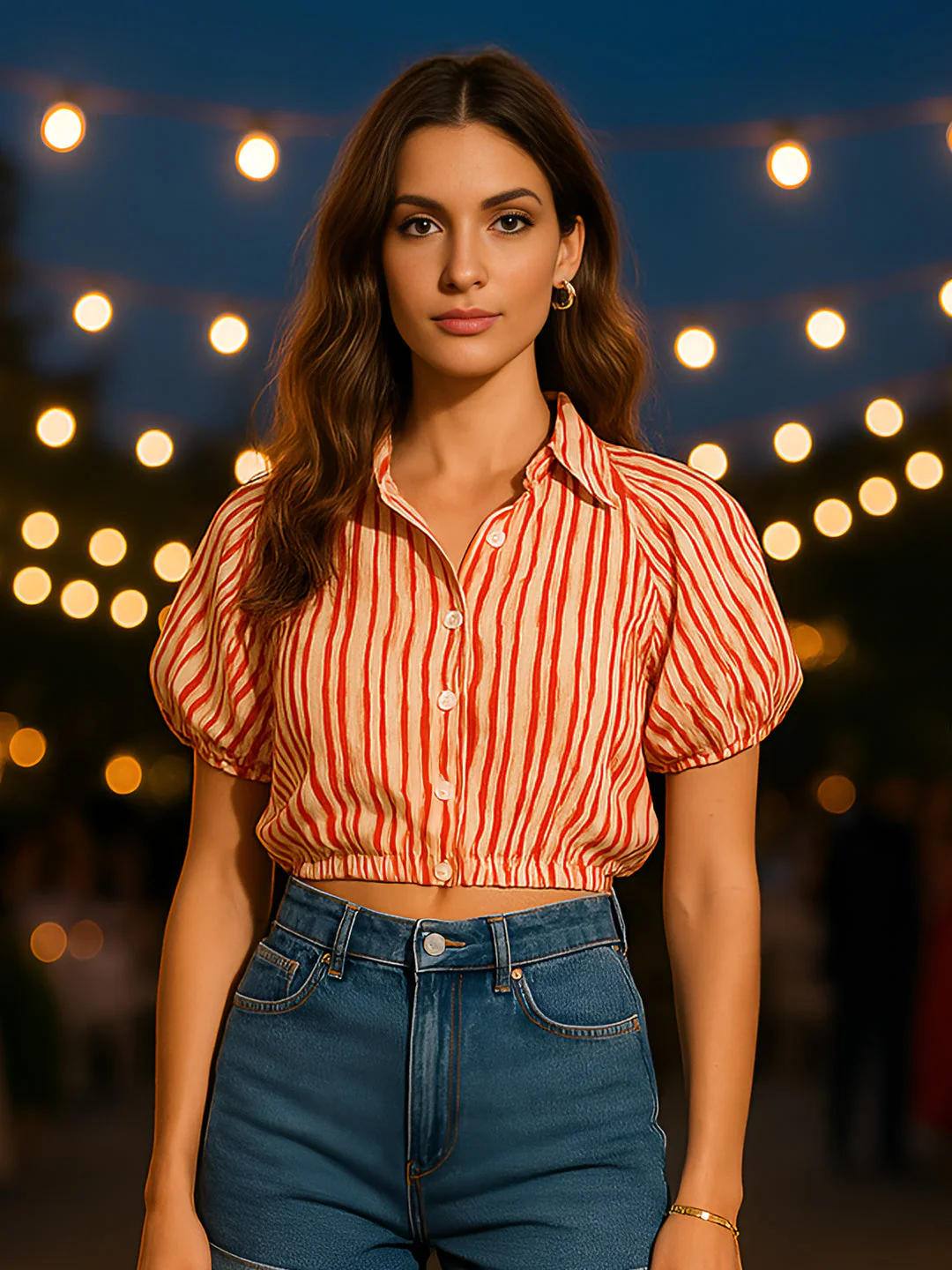 Cream Stripes Short Sleeves Top