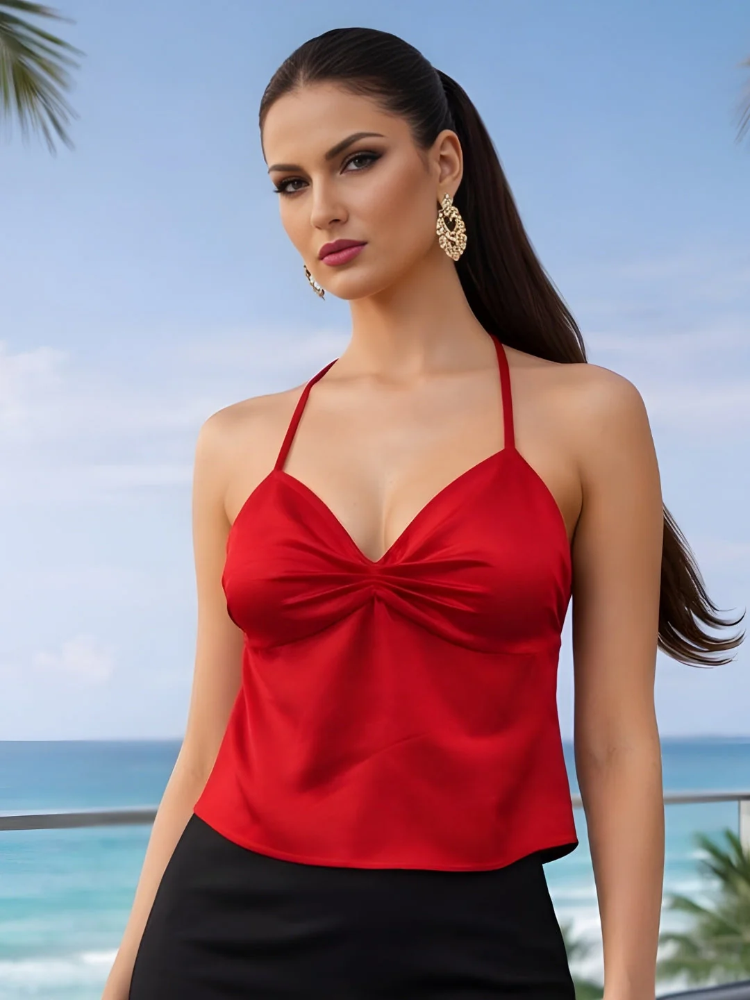 Red Solid Sleeveless Tops - Image 2