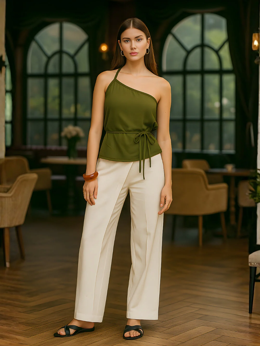 Olive Solid One-Shoulder Top - Image 2