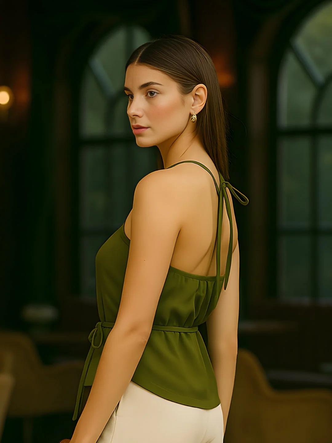 Olive Solid One-Shoulder Top - Image 3