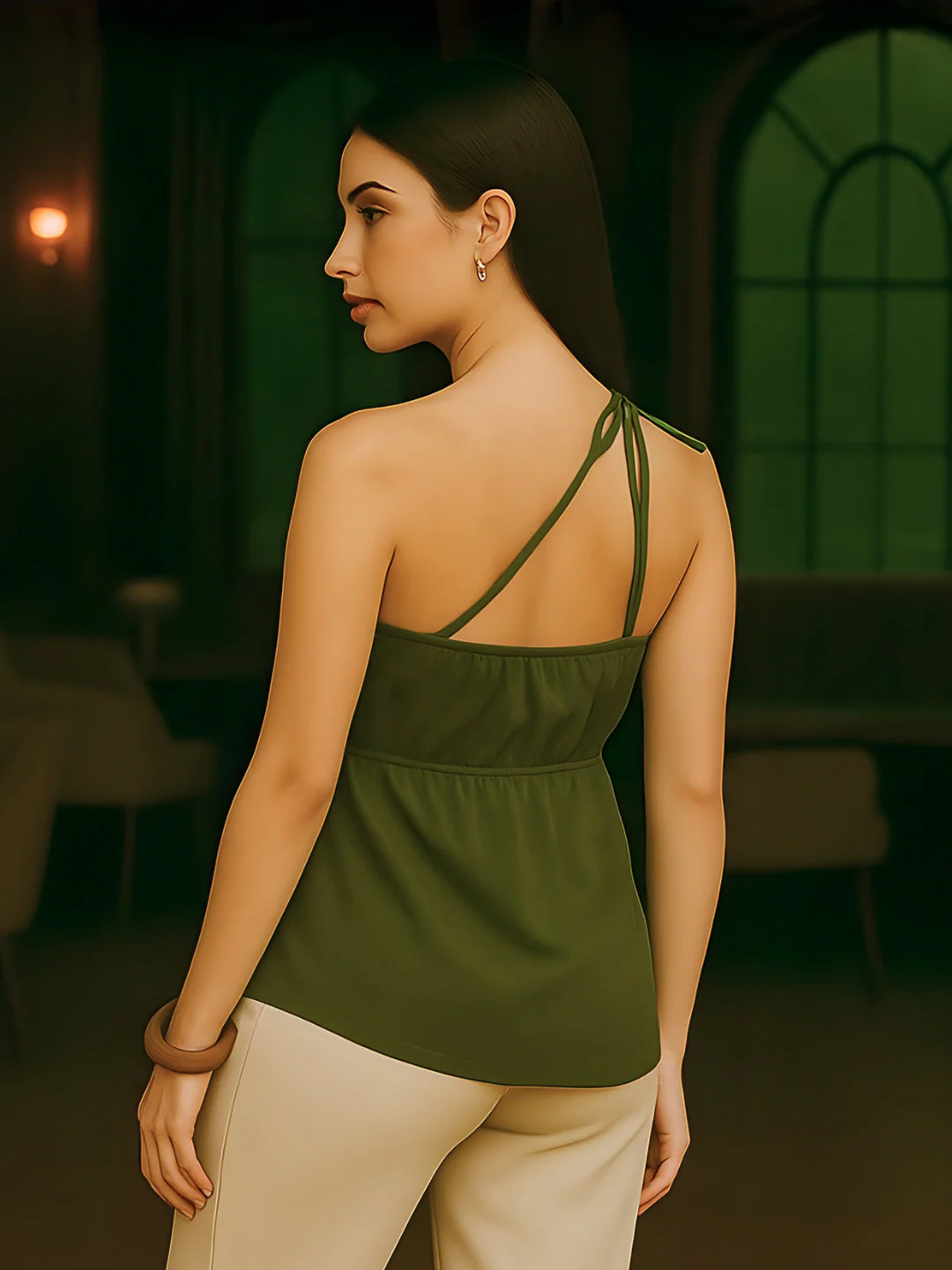 Olive Solid One-Shoulder Top - Image 4