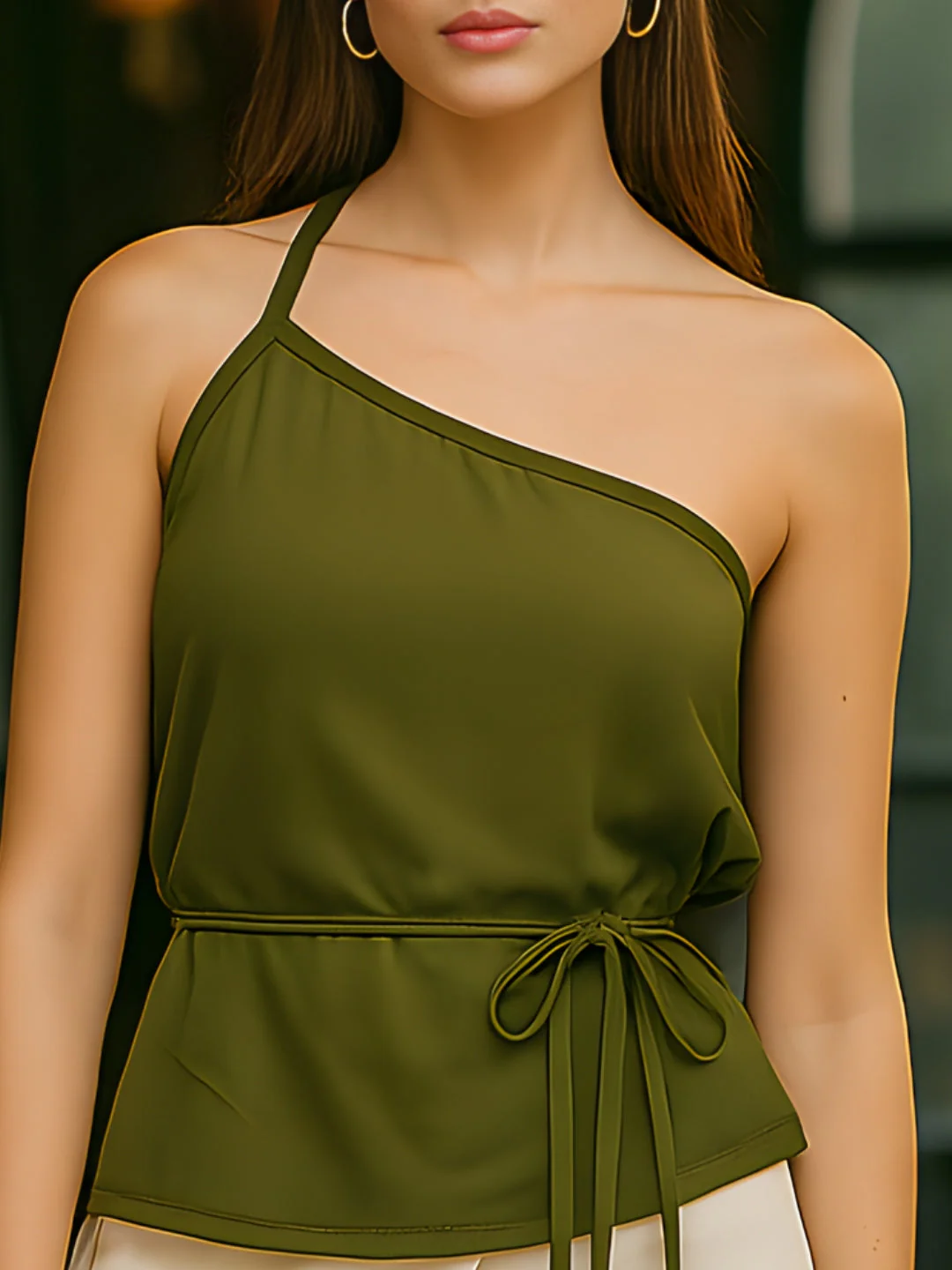 Olive Solid One-Shoulder Top - Image 5