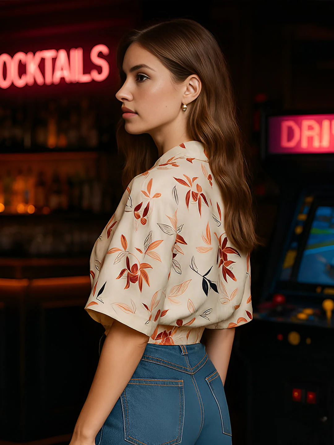 Beige Floral Half Sleeves Top - Image 3