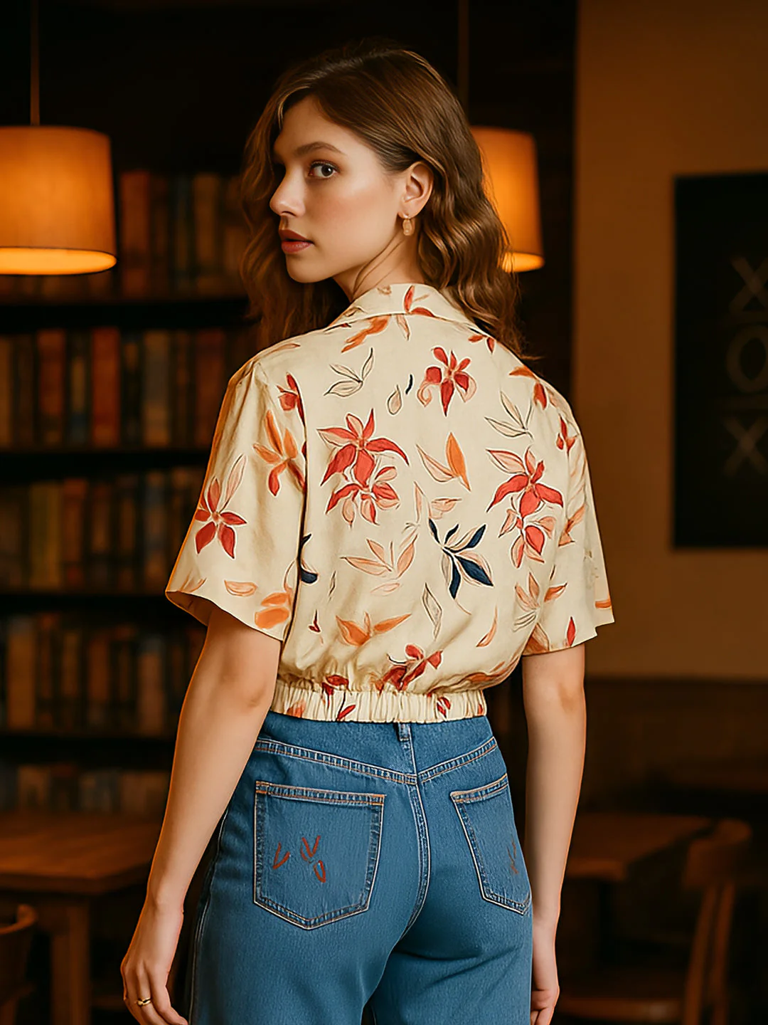Beige Floral Half Sleeves Top - Image 4