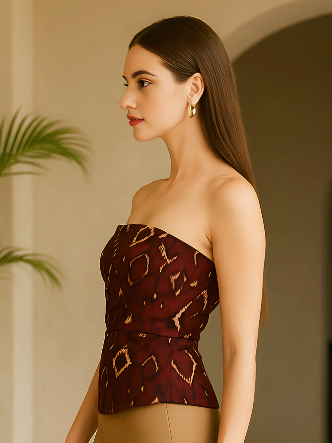 Brown Ethnic Motif Off-Shoulder Top - Image 3