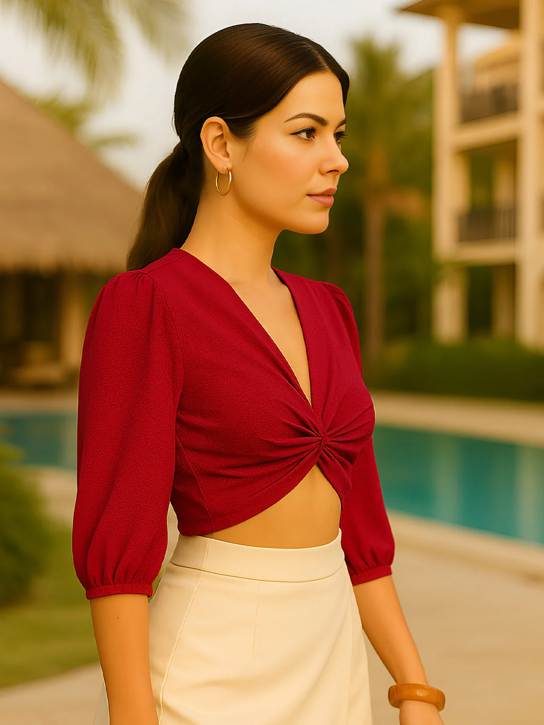 Maroon Solid 3/4th Sleeves Top - Image 2