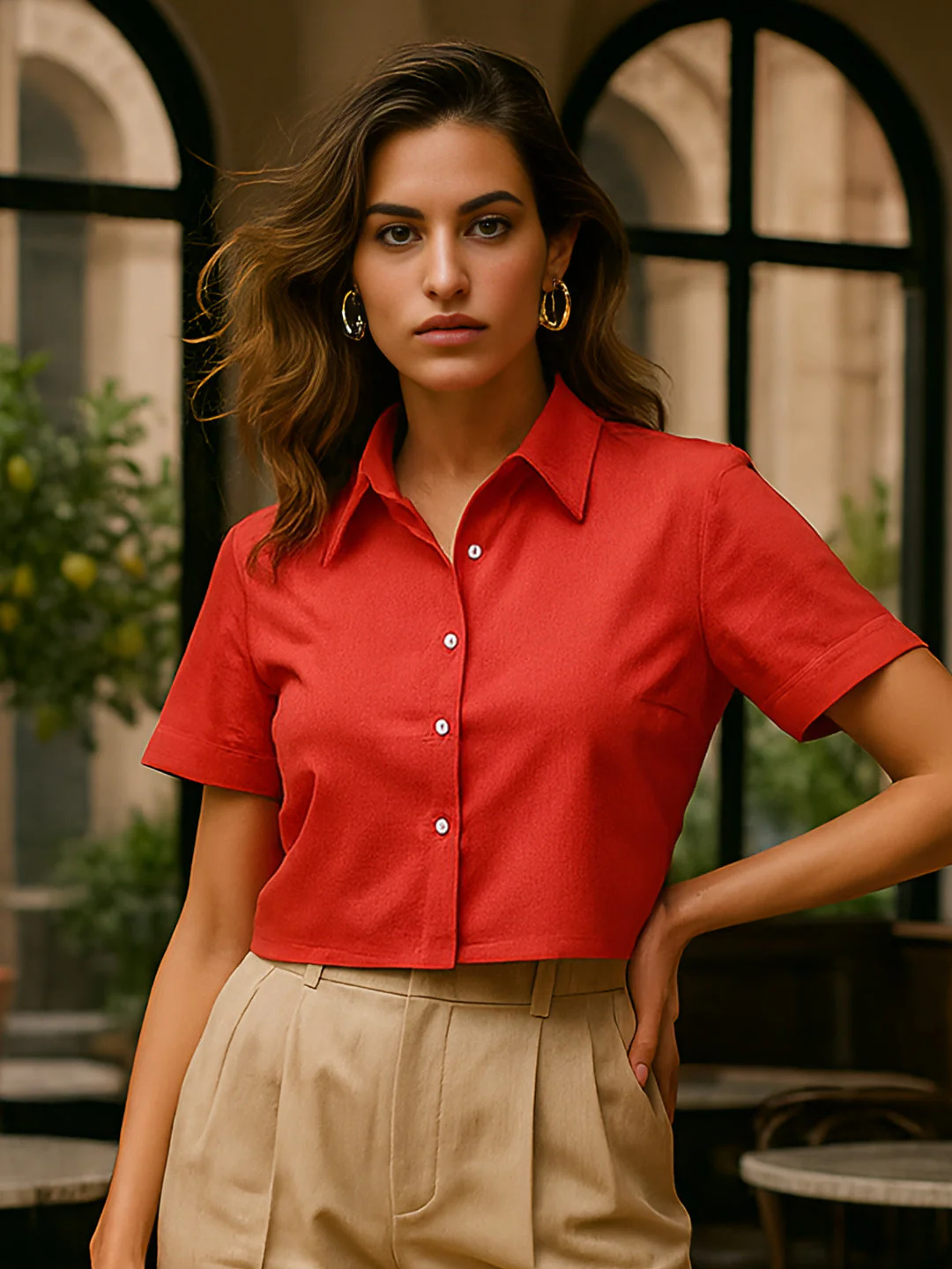 Red Solid Half Sleeves Top