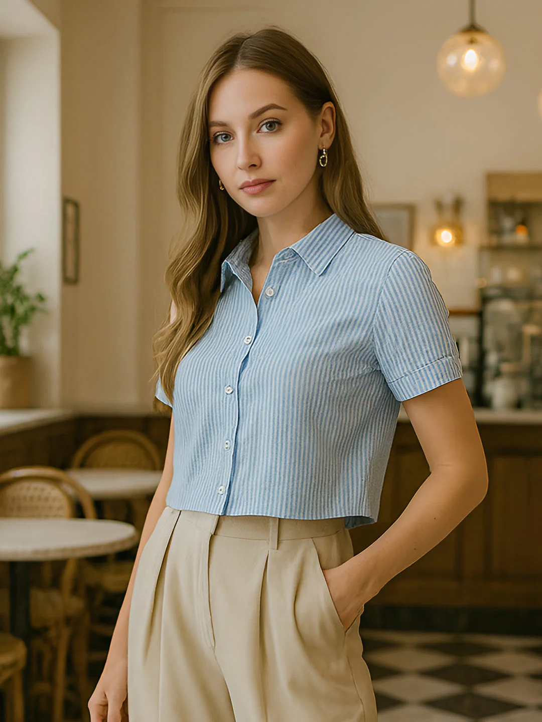 Blue Solid Half Sleeves Top