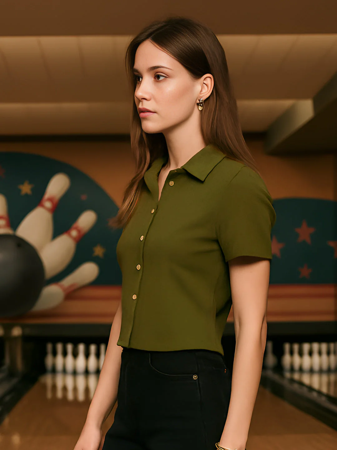 Green Solid Half Sleeves Top - Image 2