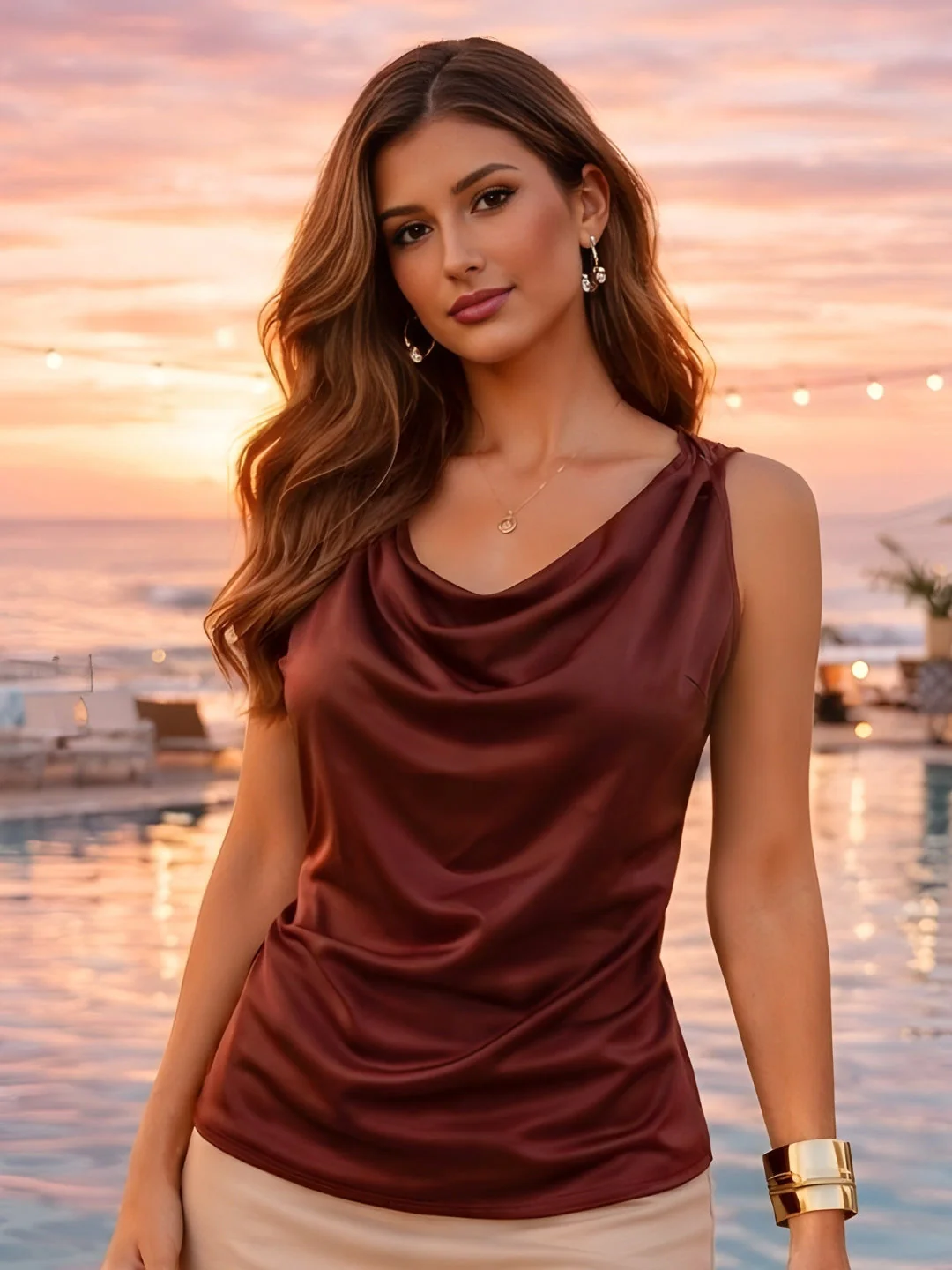Brown Solid Sleeveless Tops
