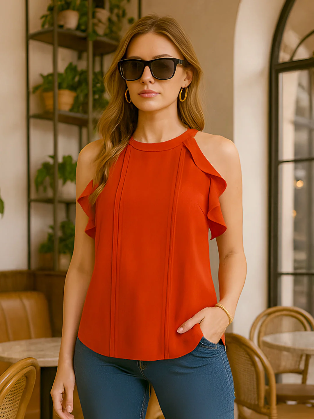 Red Solid Sleeveless Top