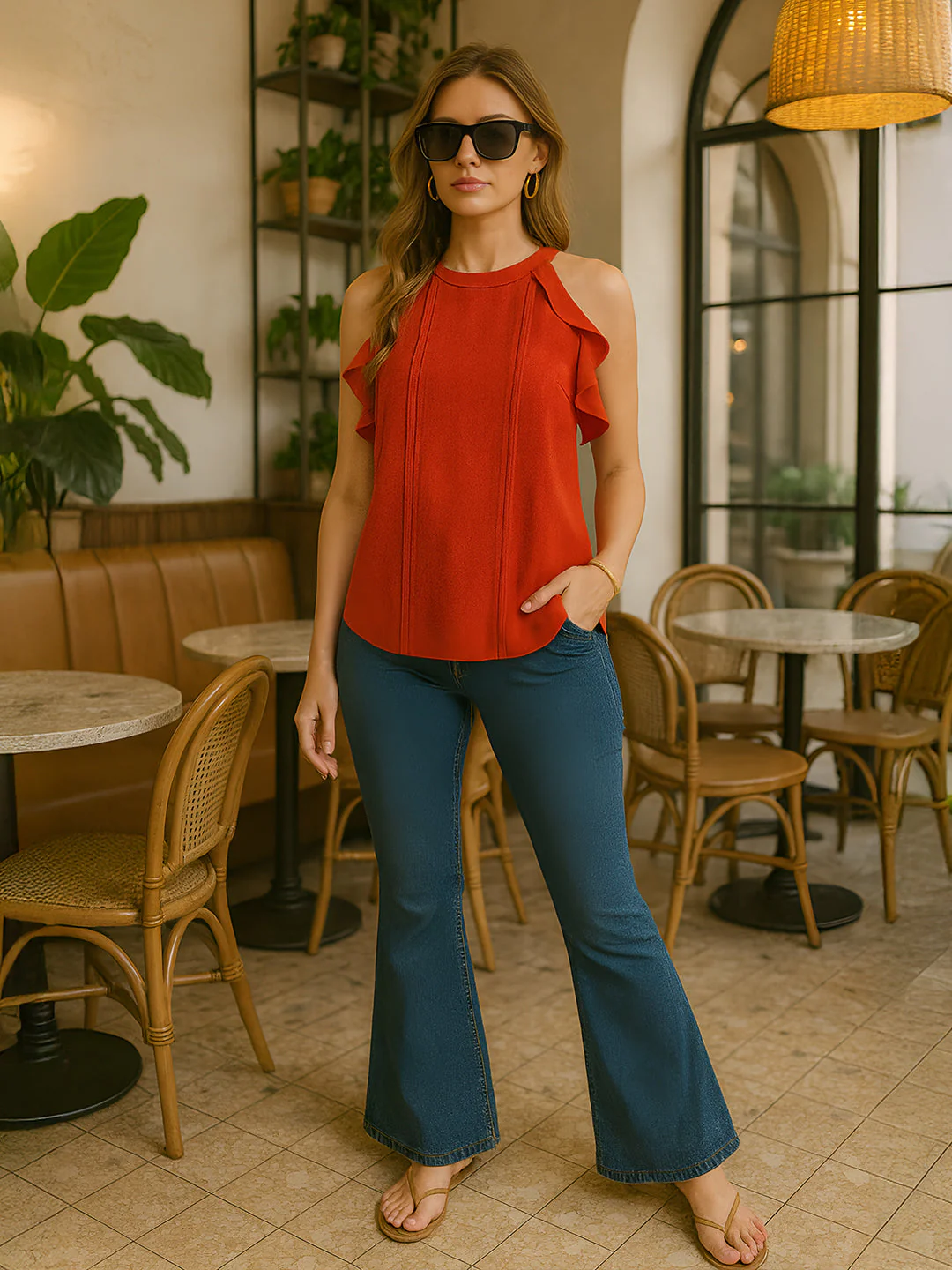 Red Solid Sleeveless Top - Image 3