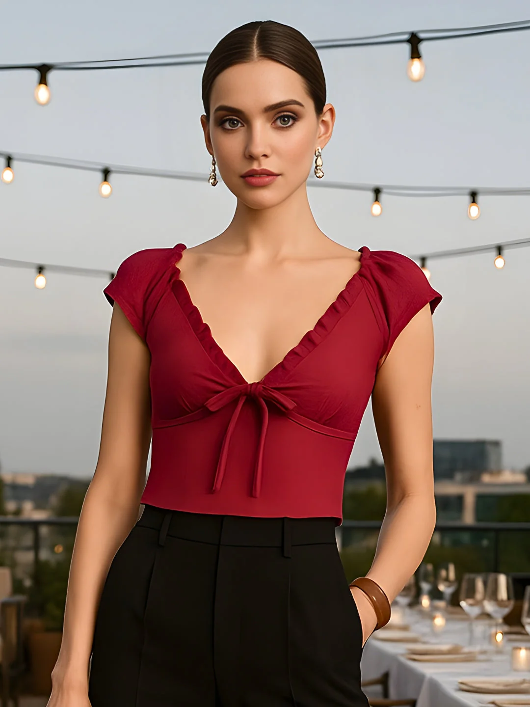 Maroon Solid Short Sleeves Top