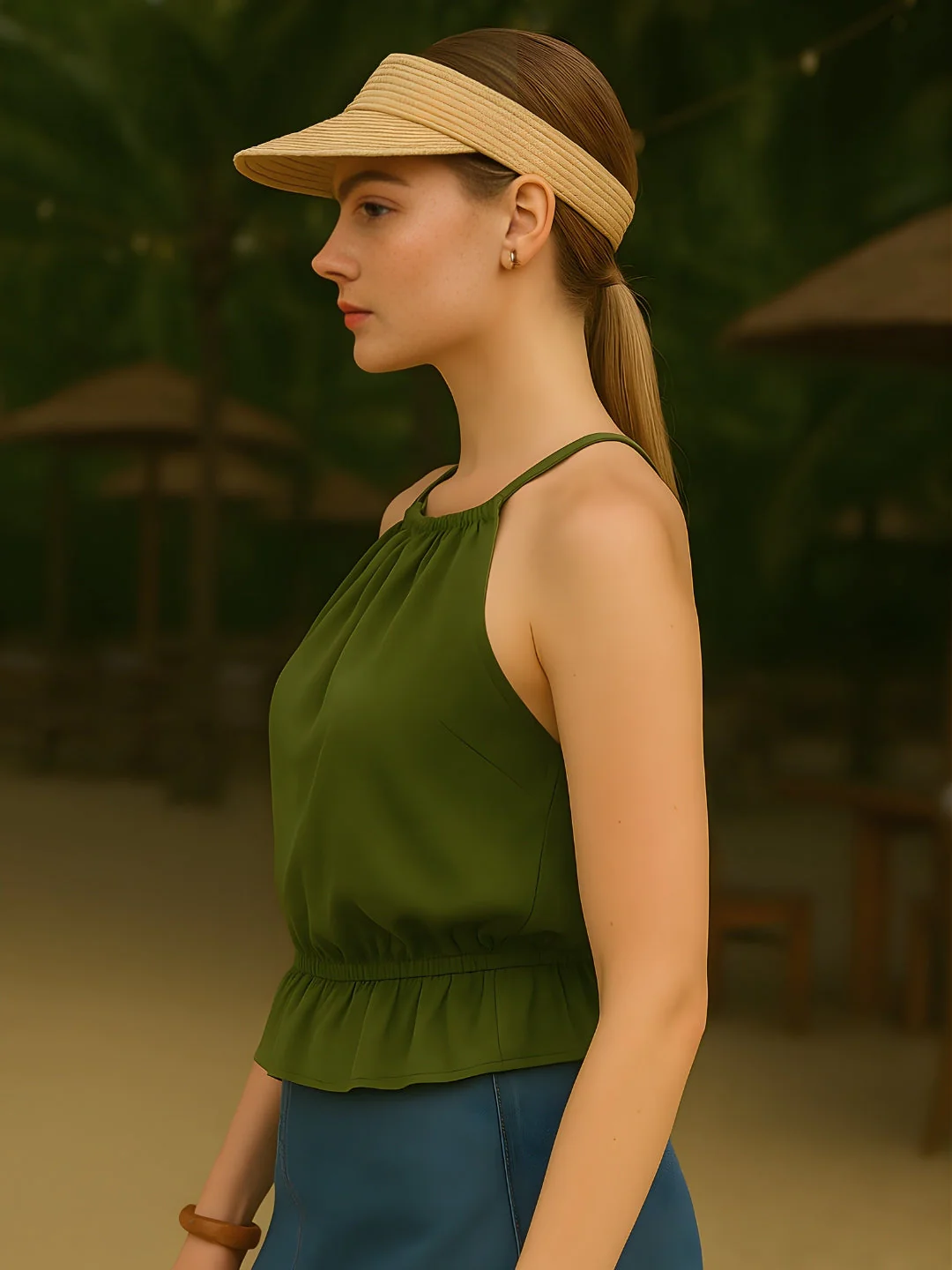 Olive Solid Shoulder Straps Top - Image 3