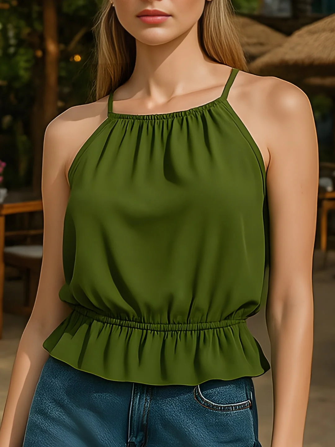 Olive Solid Shoulder Straps Top - Image 5