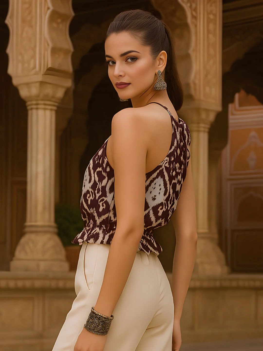 Brown Ethnic Motifs Shoulder Straps Top - Image 3