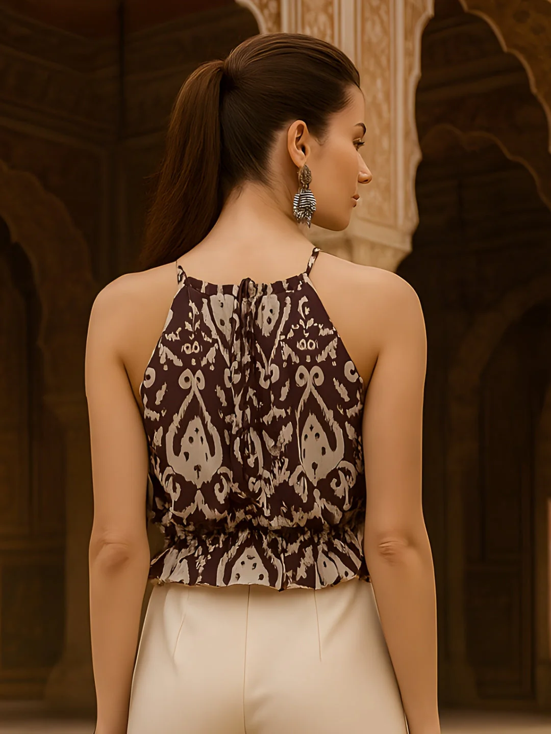 Brown Ethnic Motifs Shoulder Straps Top - Image 4