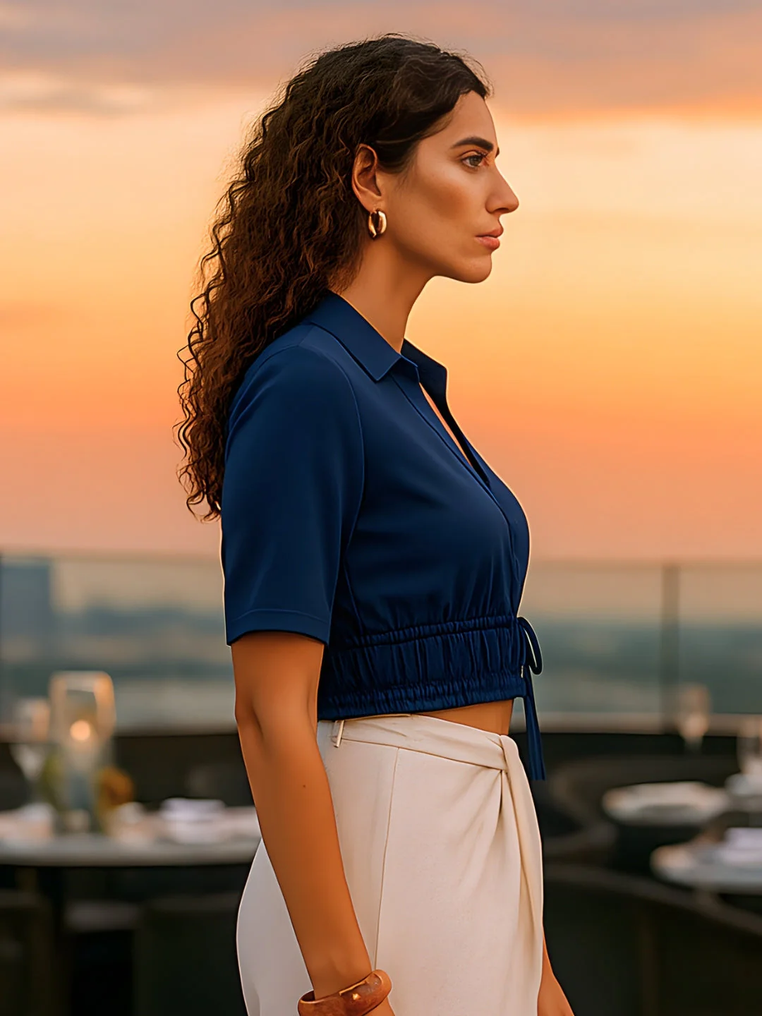 Navy Solid Half Sleeves Top - Image 3