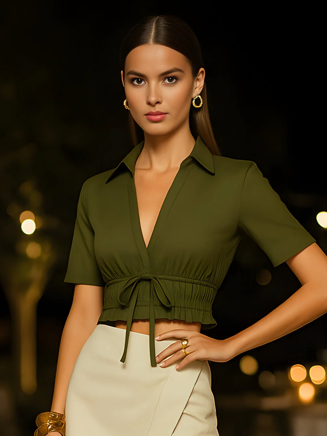 Olive Solid Half Sleeves Top