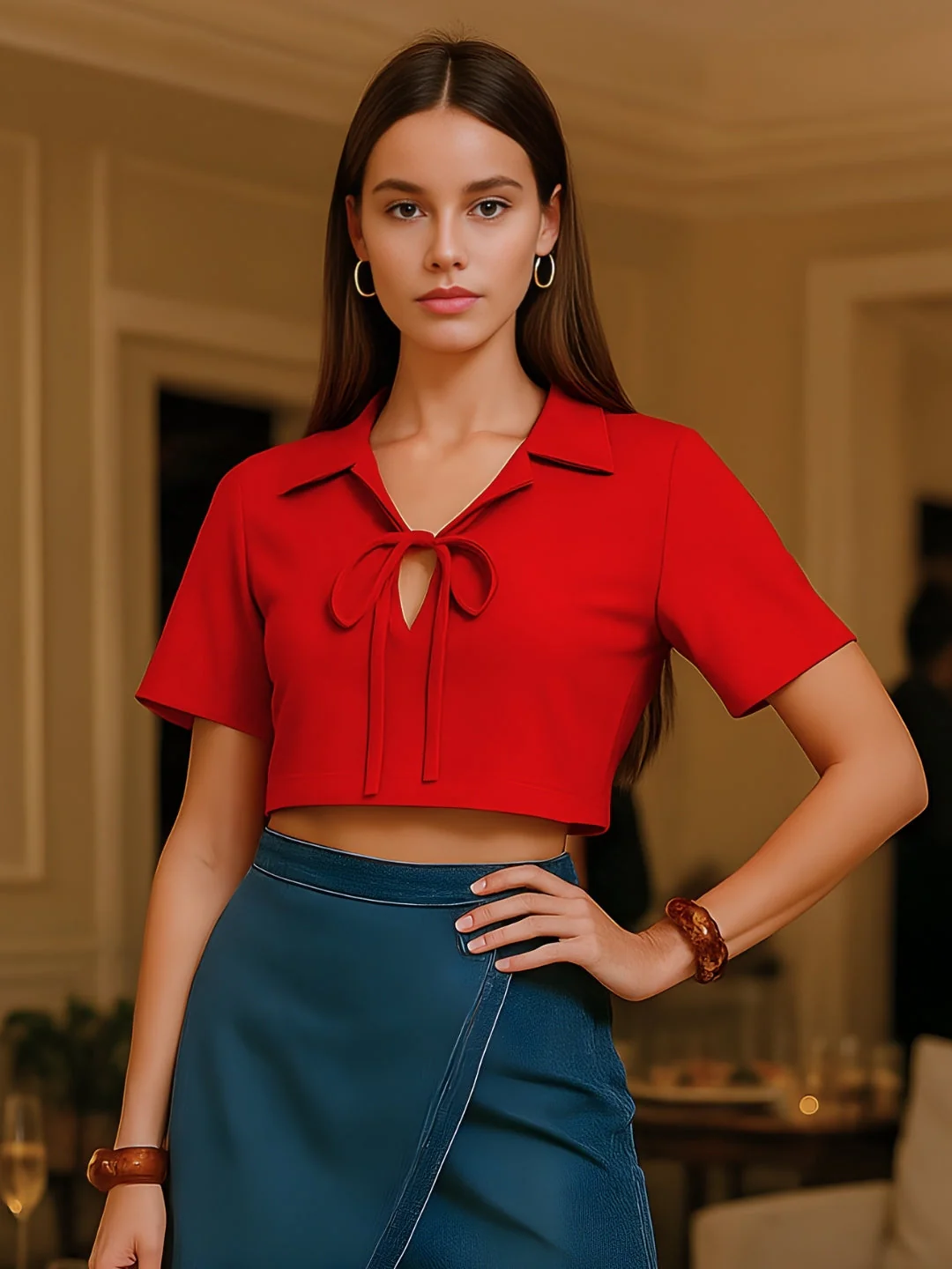 Red Solid Half Sleeves Top