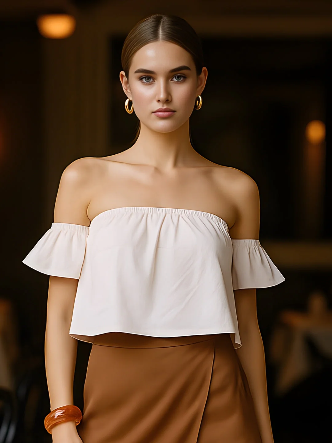 Off White Solid Off-Shoulder Top