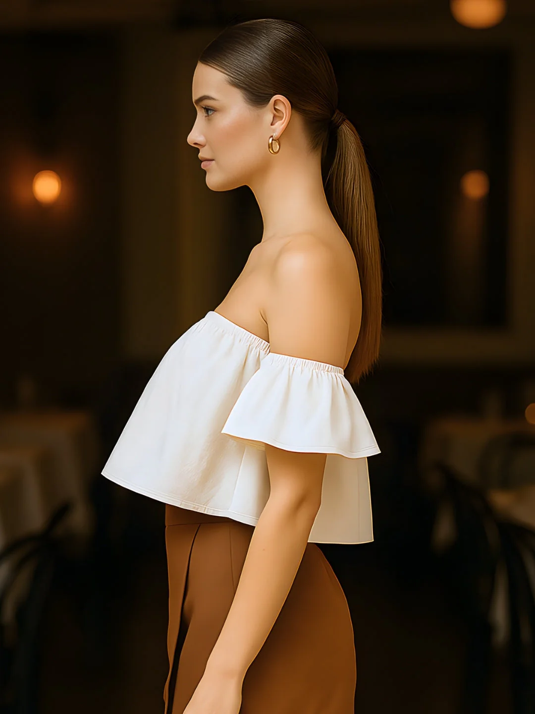 Off White Solid Off-Shoulder Top - Image 3