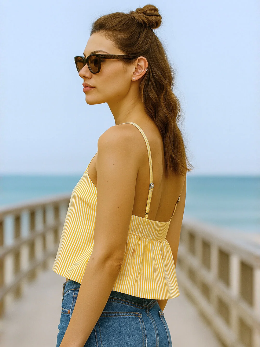 Brown Stripes Shoulder Straps Top - Image 3