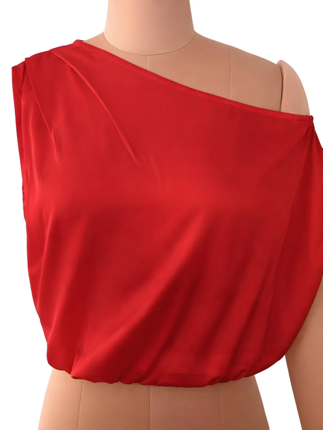 Red Solid One-Shoulder Tops - Image 5