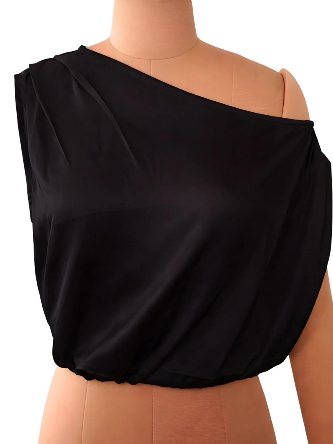 Black Solid One-Shoulder Tops - Image 5