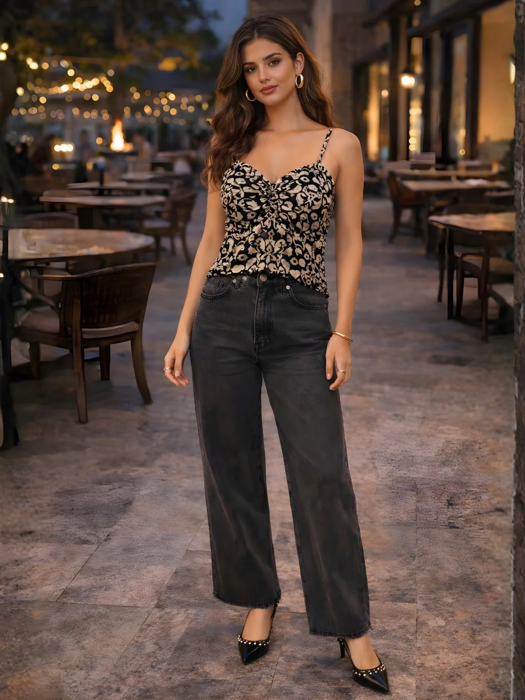 Black Ethnic Motifs Shoulder Straps Tops - Image 2