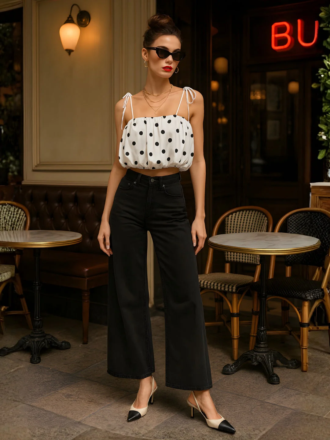 White Polka Dot Shoulder Straps Top - Image 2