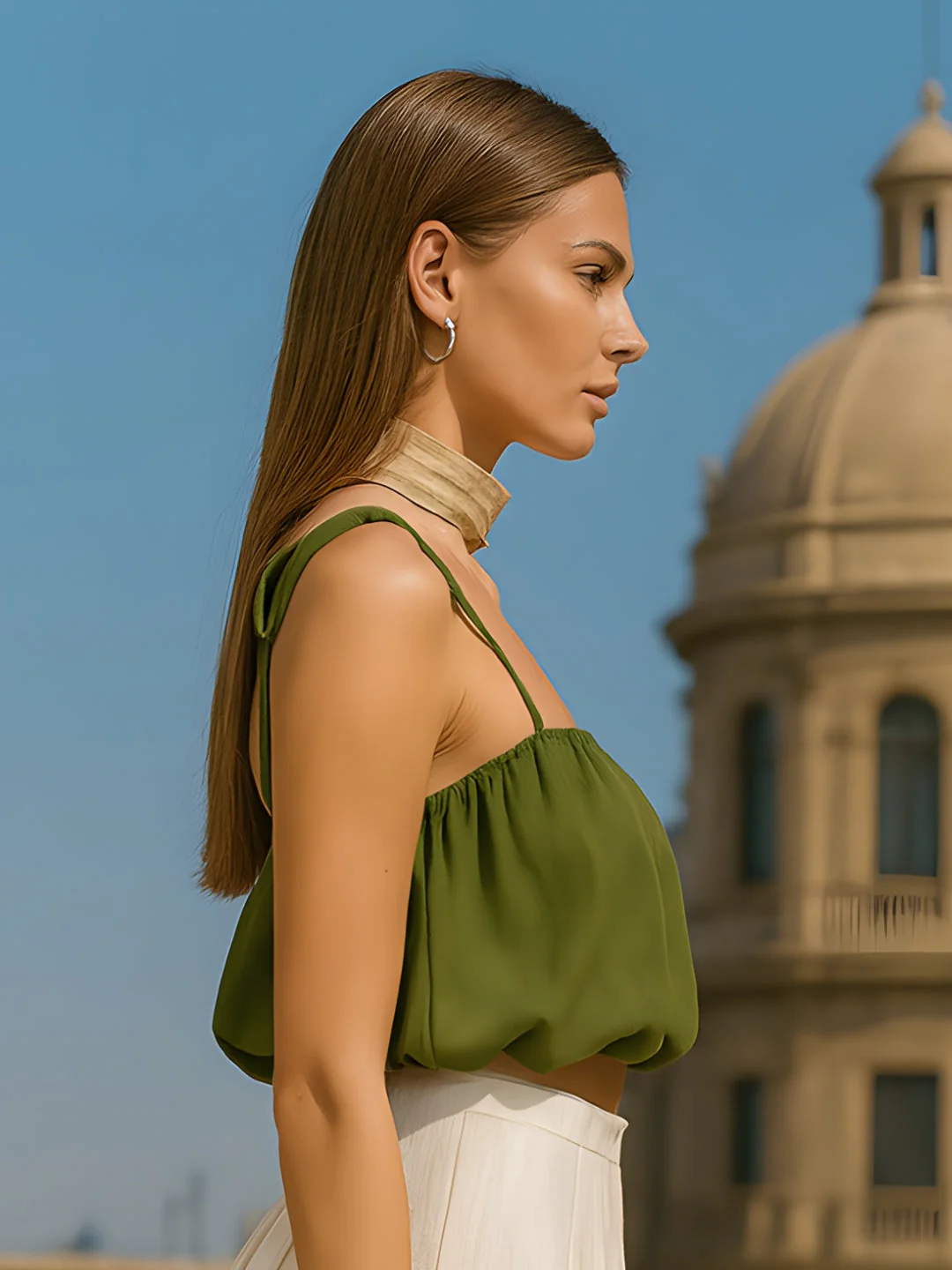Olive Solid Shoulder Straps Top - Image 3