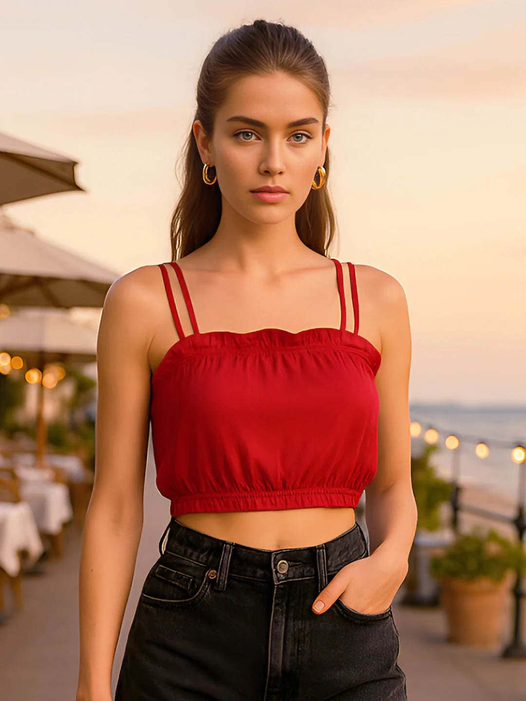 Maroon Solid Shoulder Straps Top