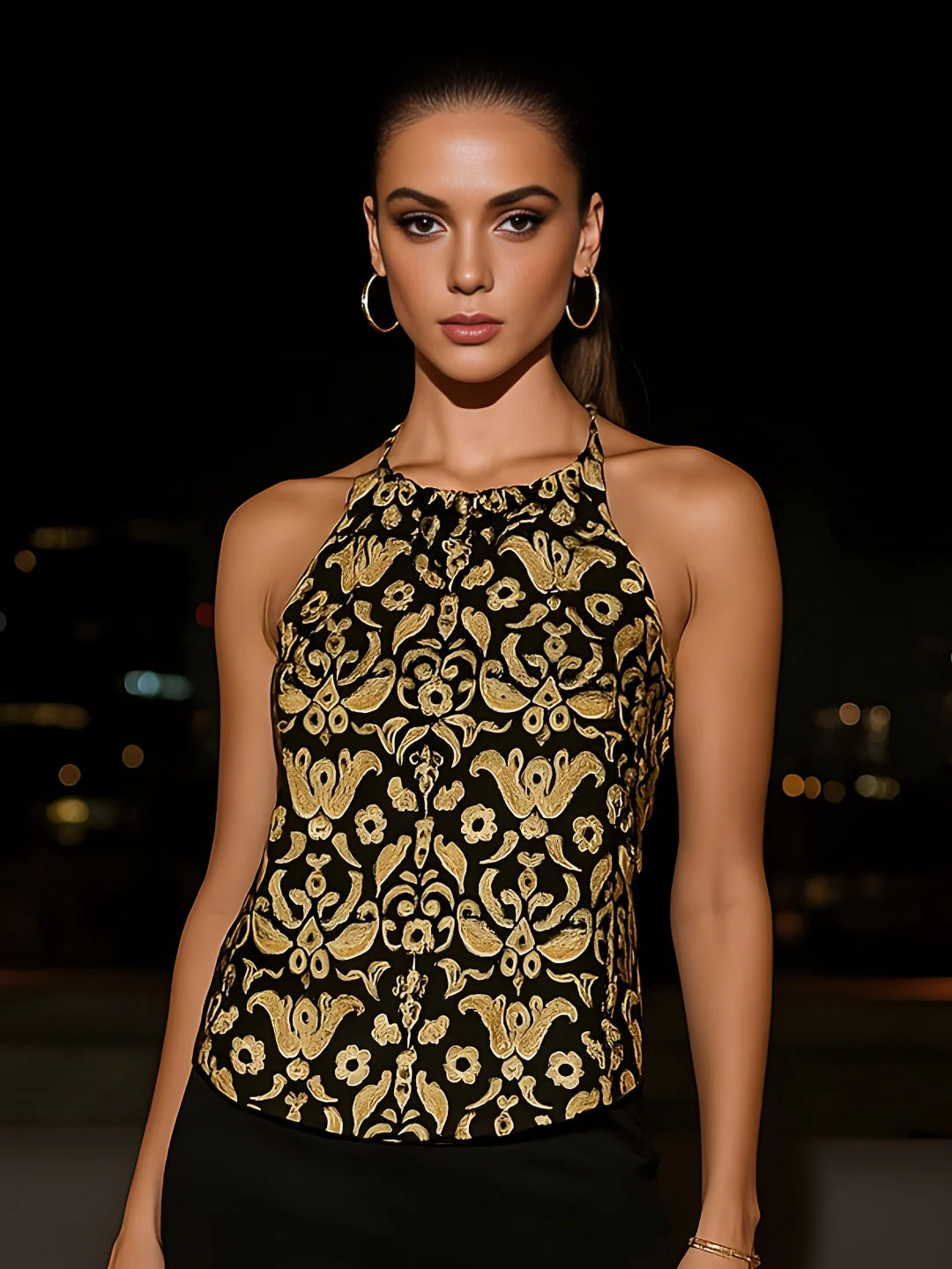 Black Ethnic Motifs Shoulder Straps Top