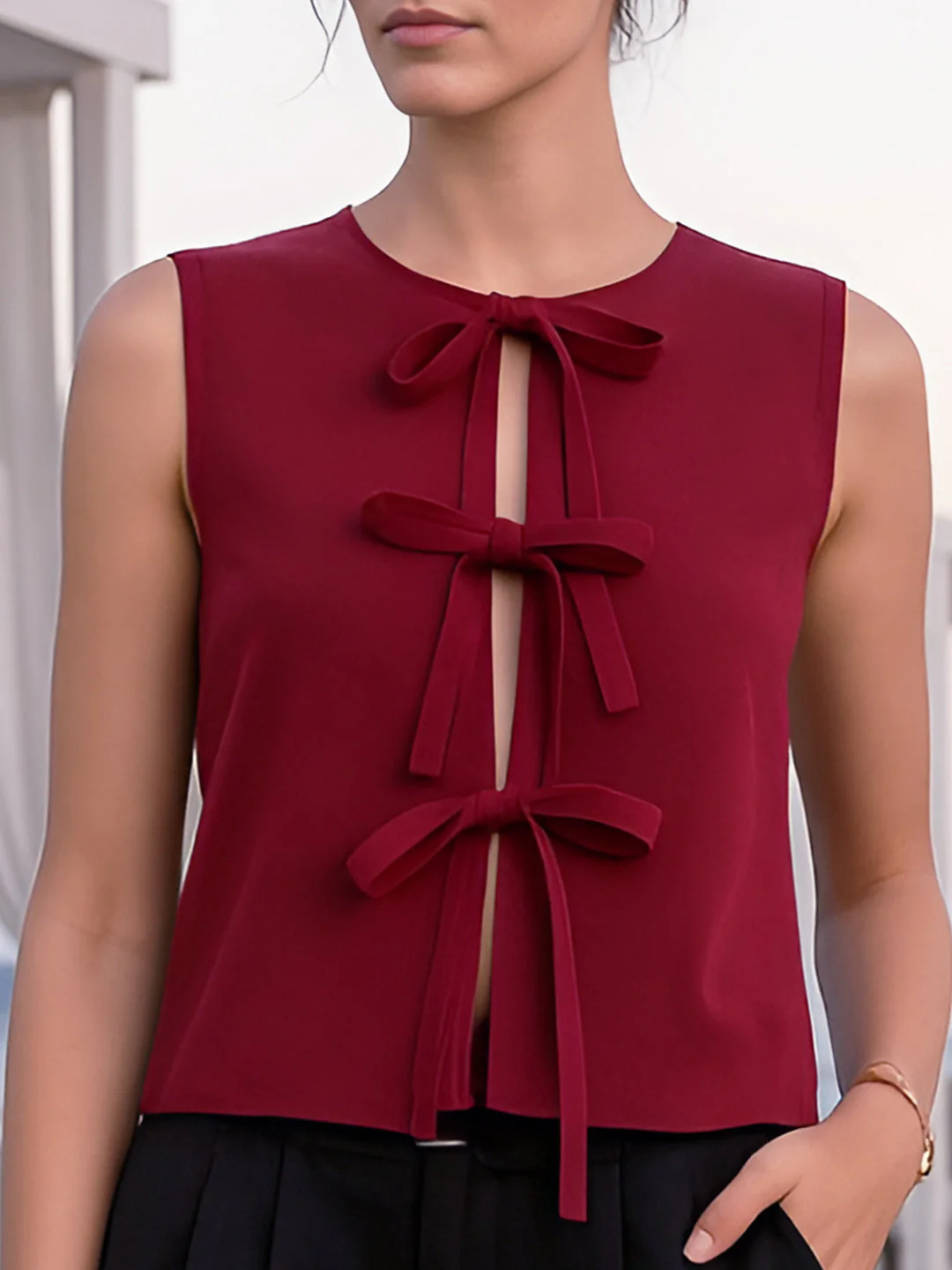Maroon Solid Sleeveless Top - Image 5