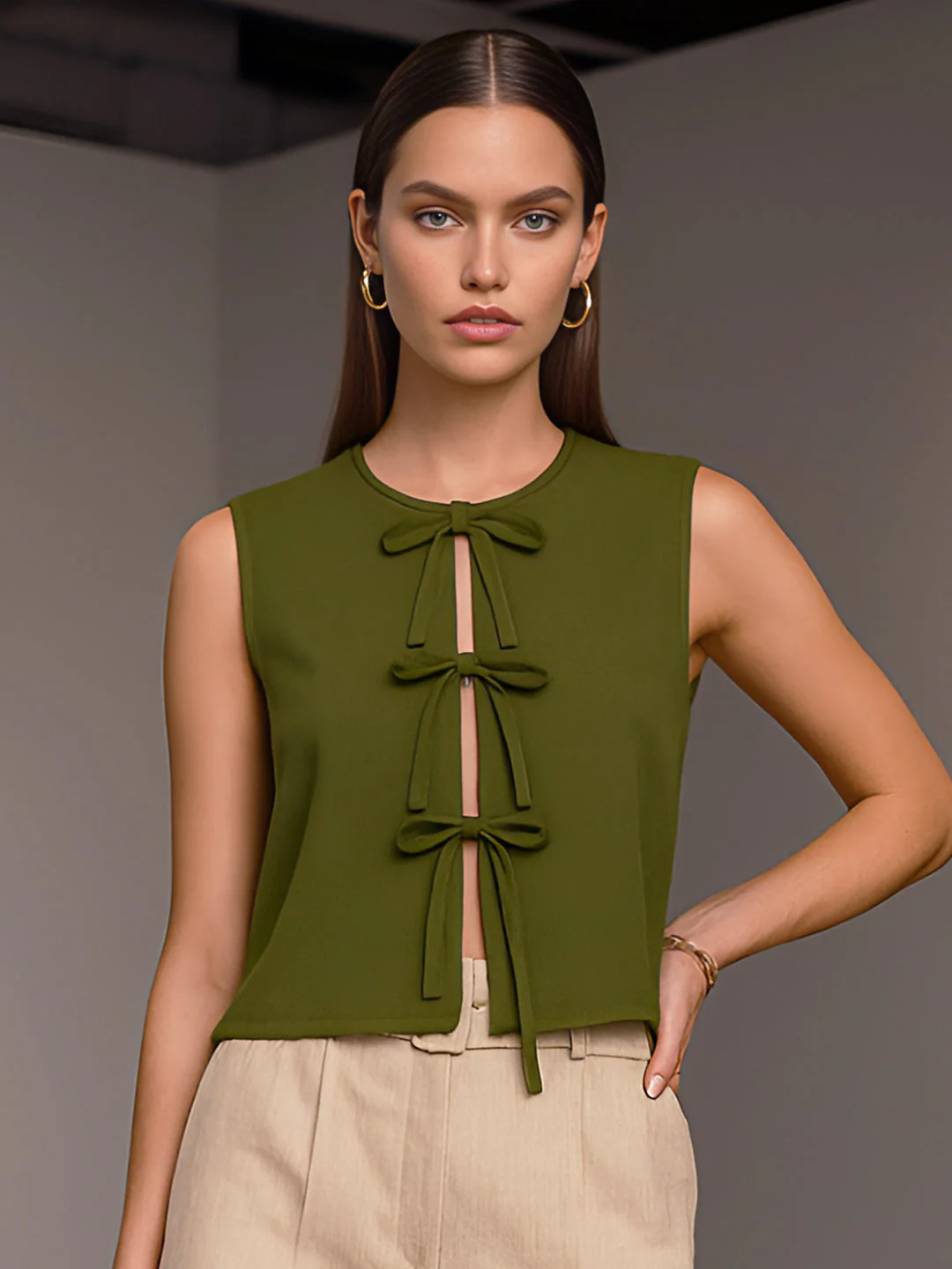 Olive Solid Sleeveless Top