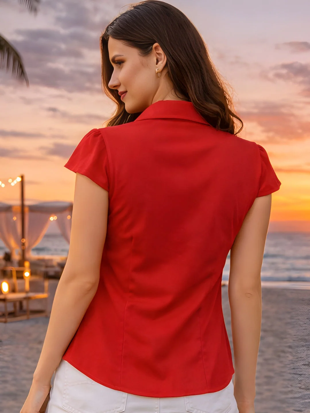 Red Solid Short Sleeves Top - Image 4