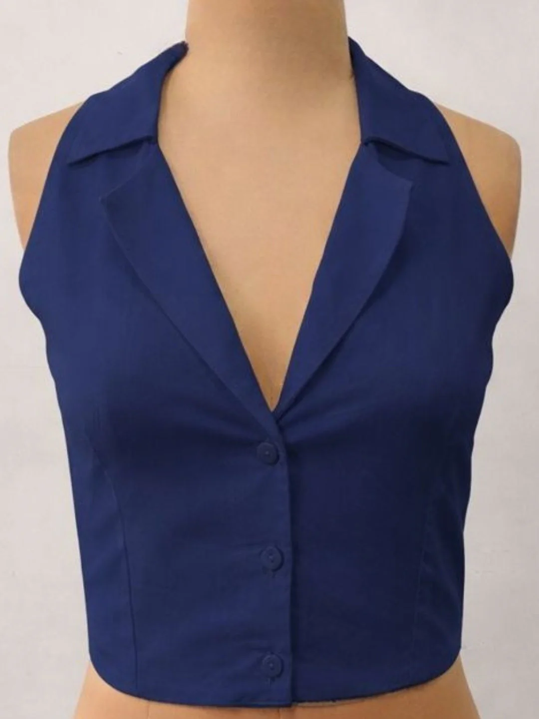 Navy Solid Sleeveless Tops - Image 5