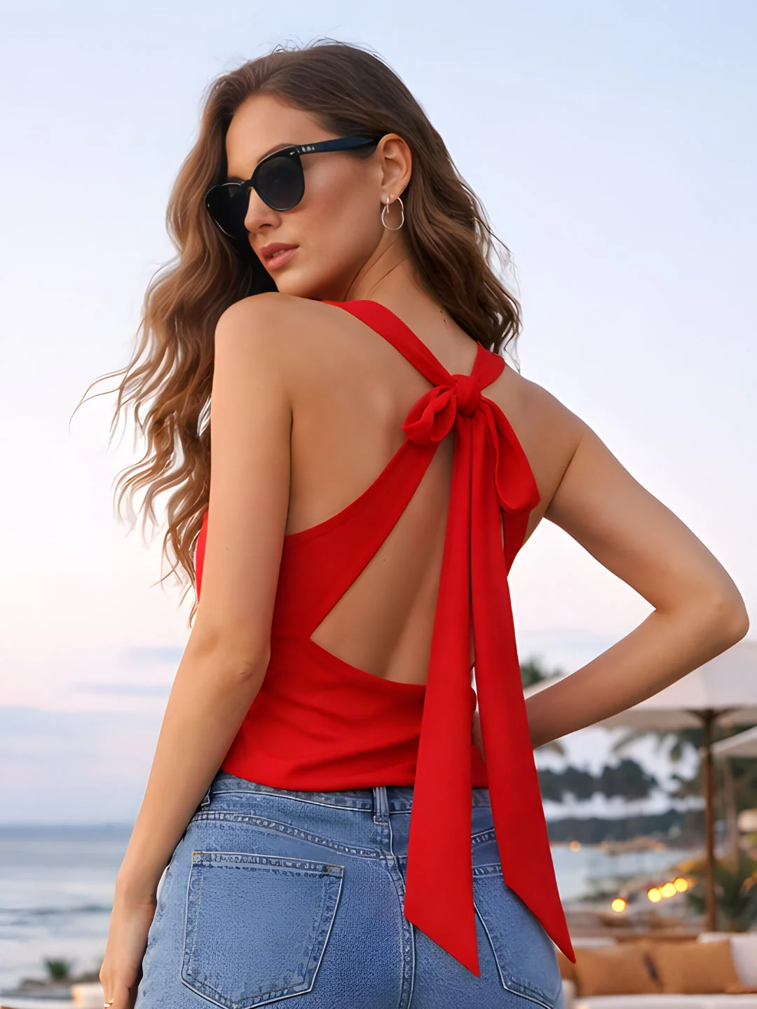Red Solid Sleeveless Tops - Image 4