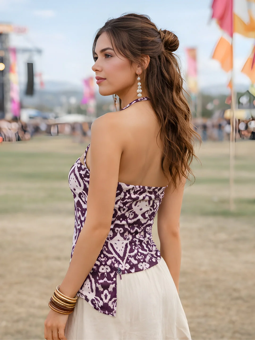 Brown Ethnic Motifs Shoulder Straps Tops - Image 3
