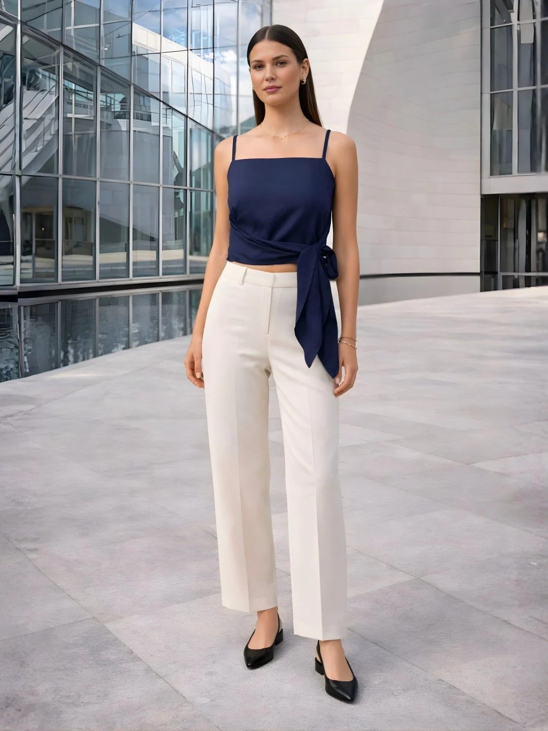 Navy Solid Shoulder Straps Tops