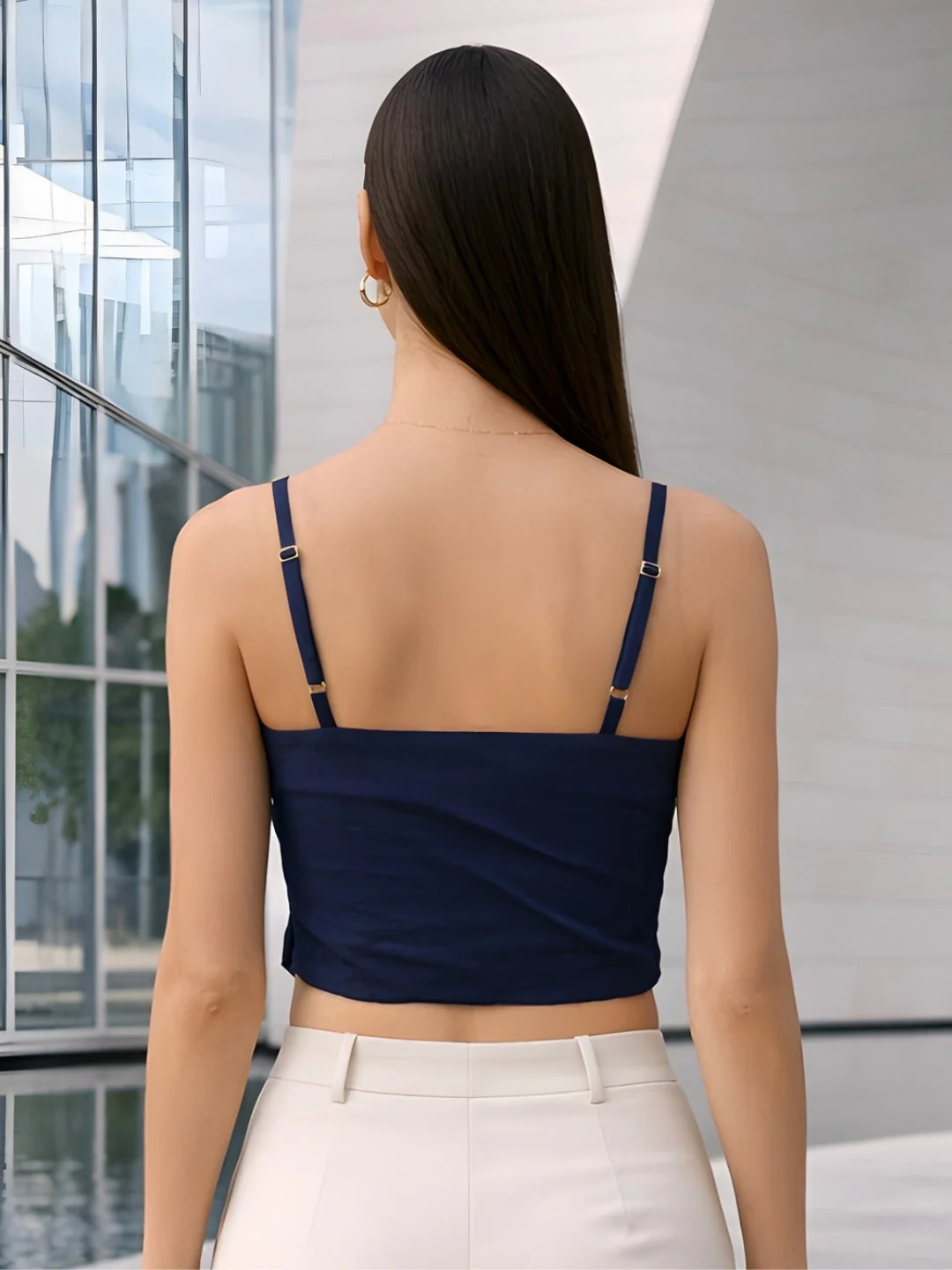 Navy Solid Shoulder Straps Tops - Image 4