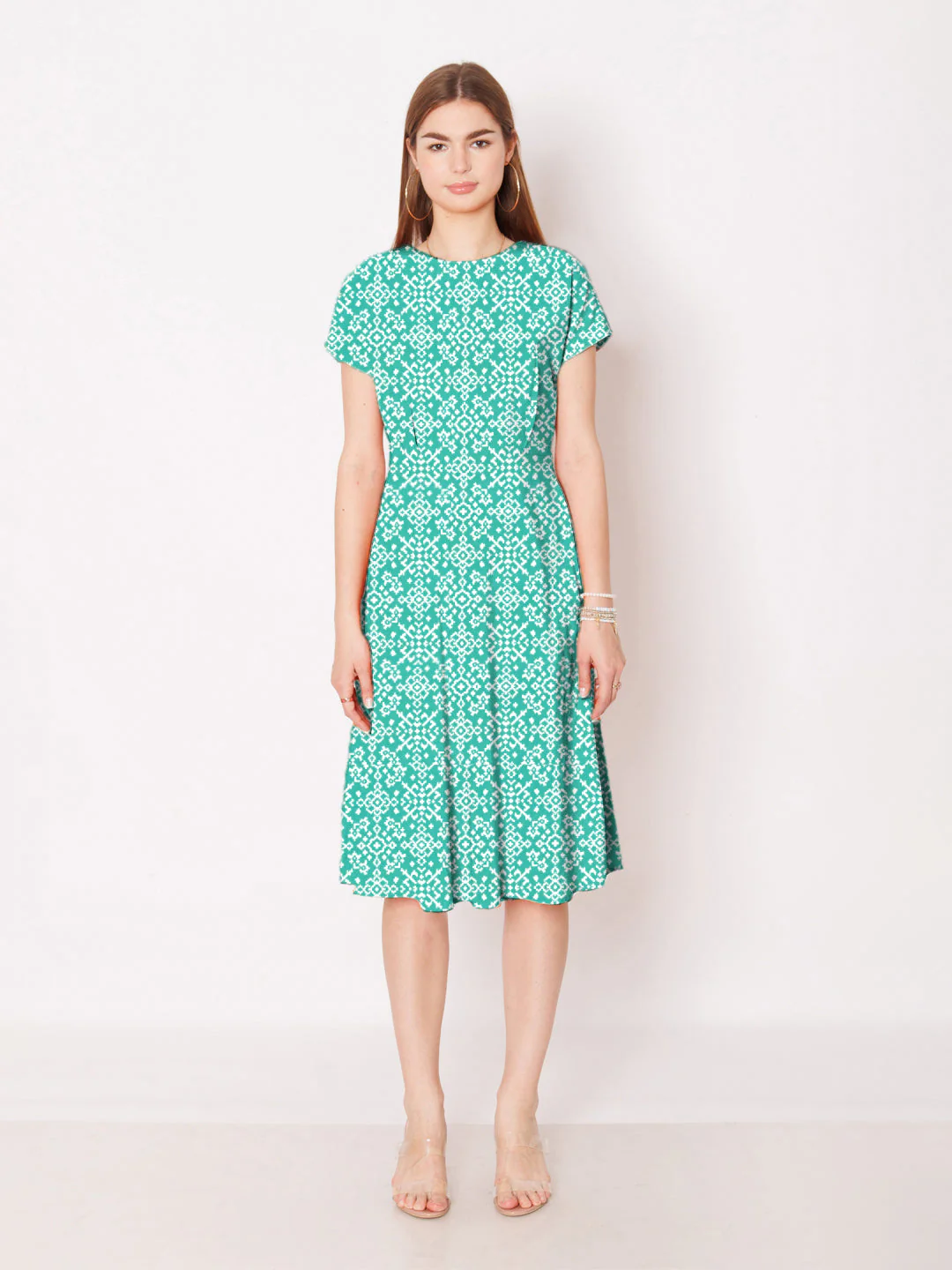 Turquoise Geometric Printed A-Line Midi Dress - Image 2