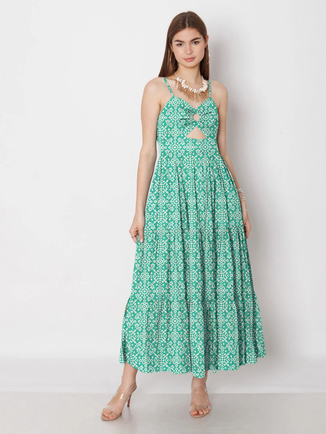 Turquoise Geometric Printed Fit & Flare Maxi Dress - Image 2