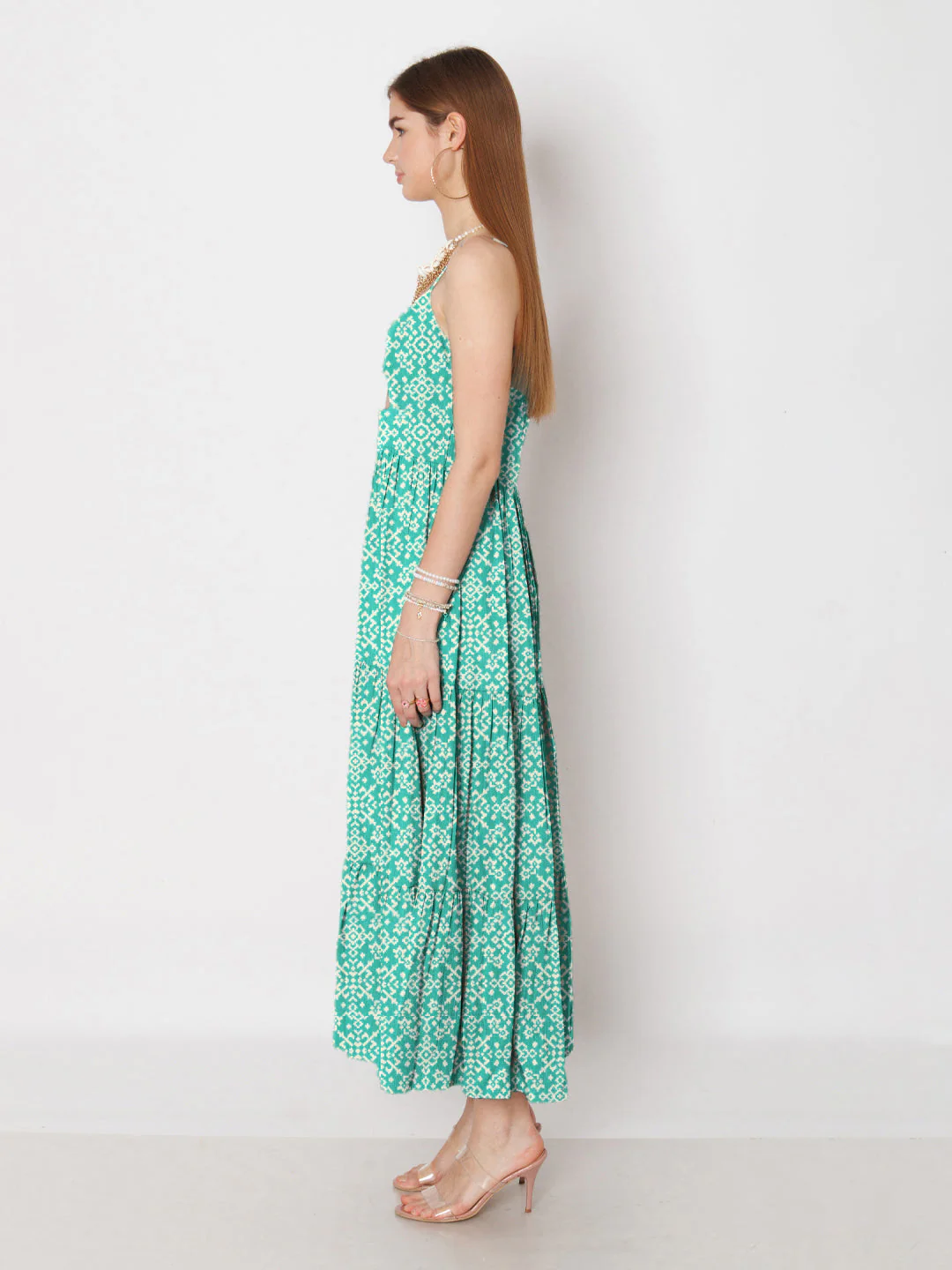 Turquoise Geometric Printed Fit & Flare Maxi Dress - Image 3