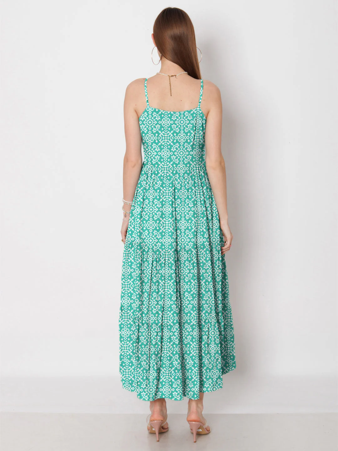 Turquoise Geometric Printed Fit & Flare Maxi Dress - Image 4