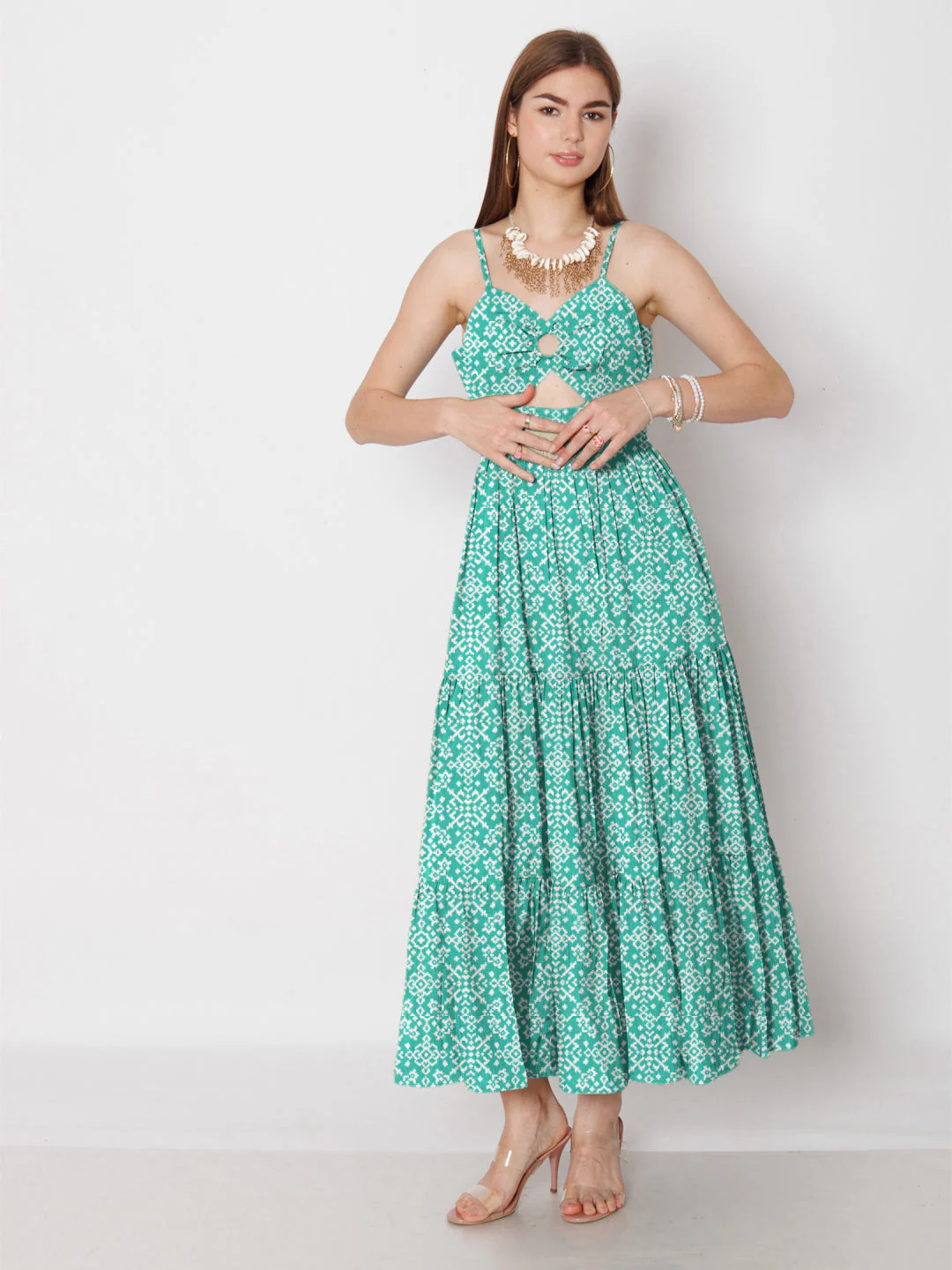 Turquoise Geometric Printed Fit & Flare Maxi Dress - Image 5