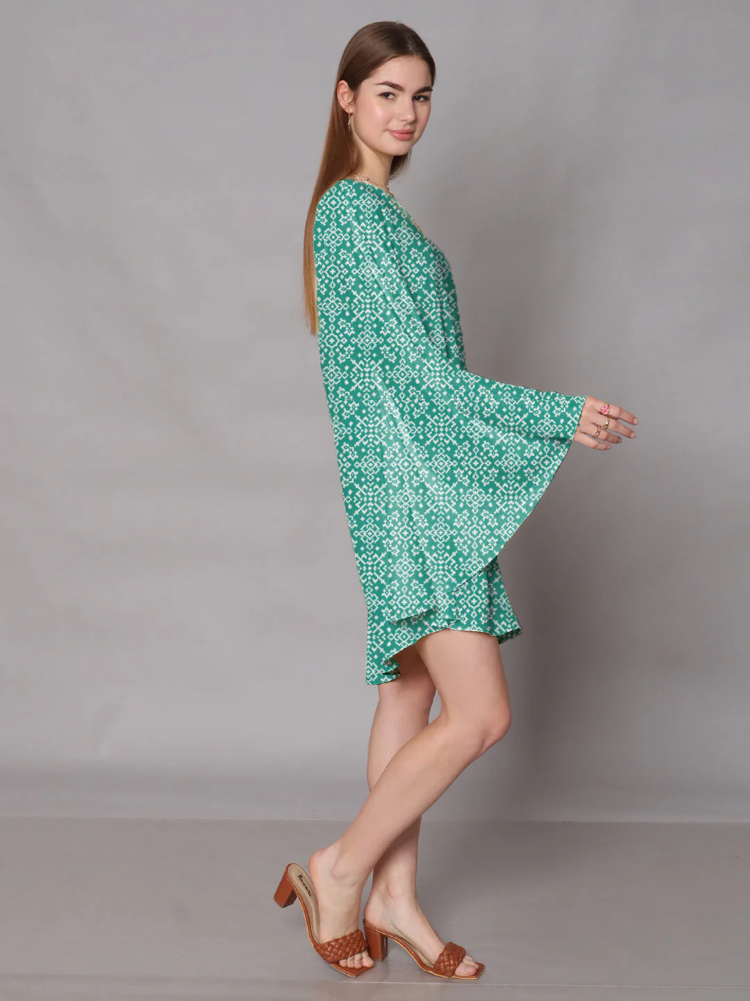 Turquoise Geometric Printed One Shoulder Knee Length Dress
